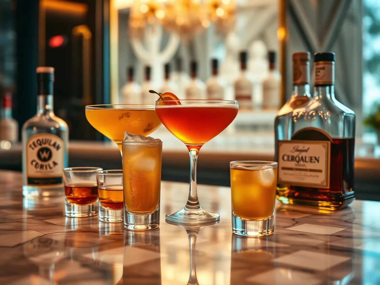 Premium cocktails and shots on a marble bar